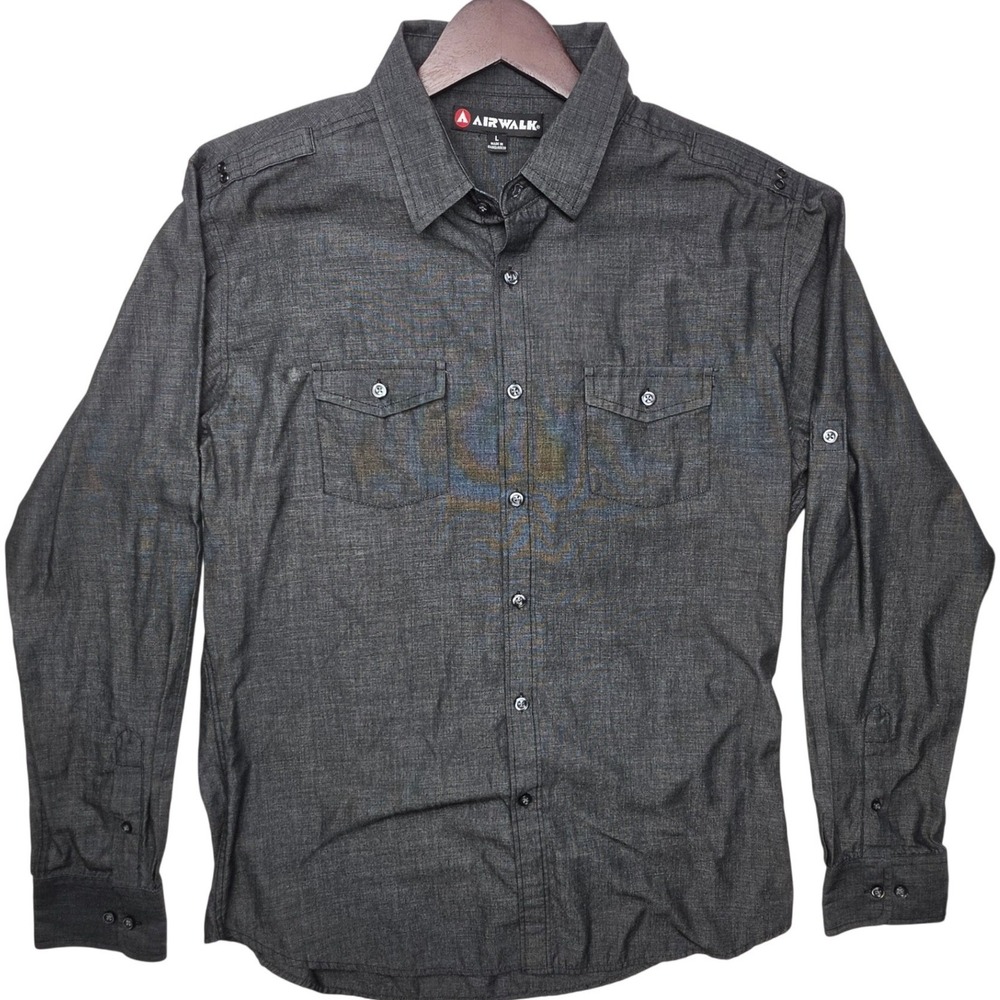 Airwalk Mens Long Sleeve Button Down Shirt Gray Textured Utility Epaulets Large